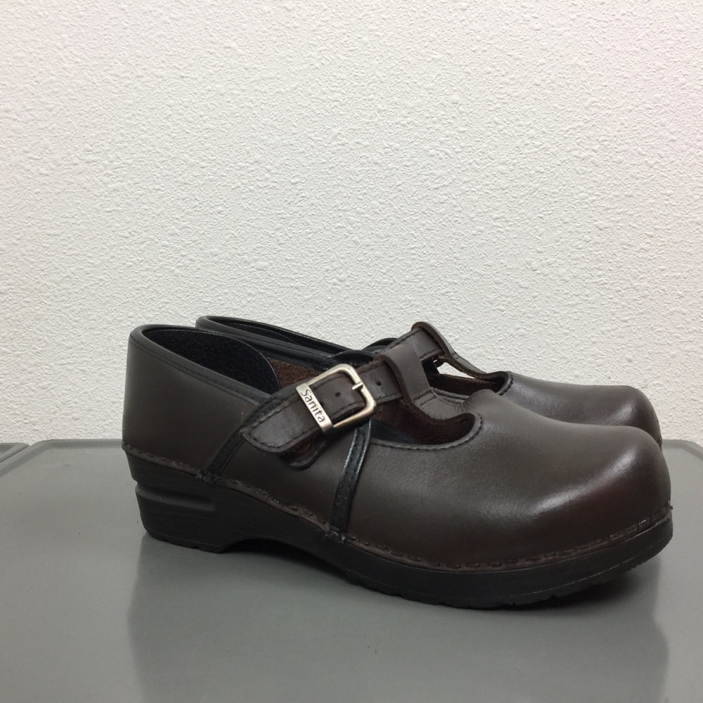 Sanita Brown Leather Mary Jane Shoes Clogs 38 = 7